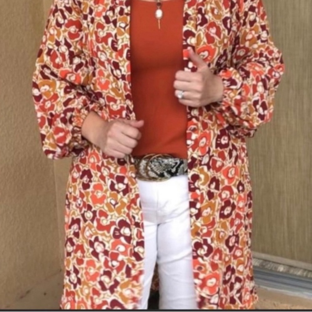 CAbi 4238 Daydream A-Line Dress Orange
Yellow Print Bishop Sleeves Button Large - Picture 5 of 16